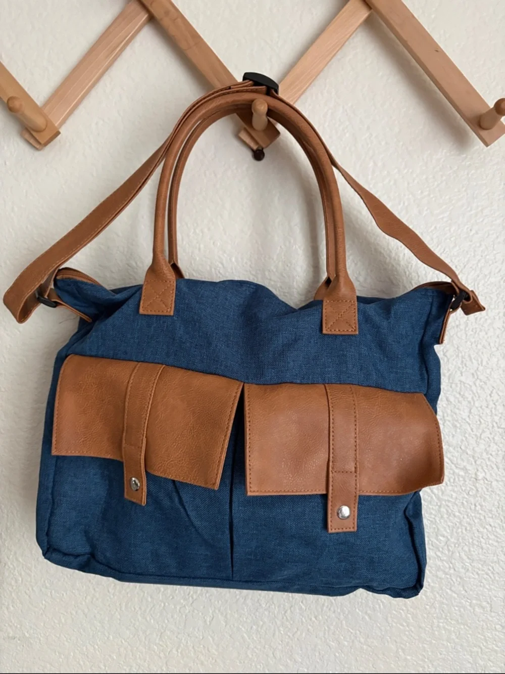Blue Canvas Tote with Brown Faux Leather Trim